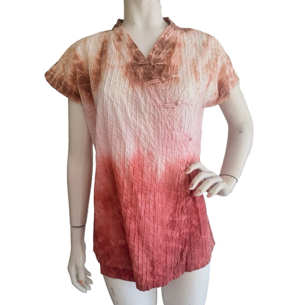POON COTTON Top Asian Art to Wear Lagenlook Tie Dye Blouse Orange Size S M